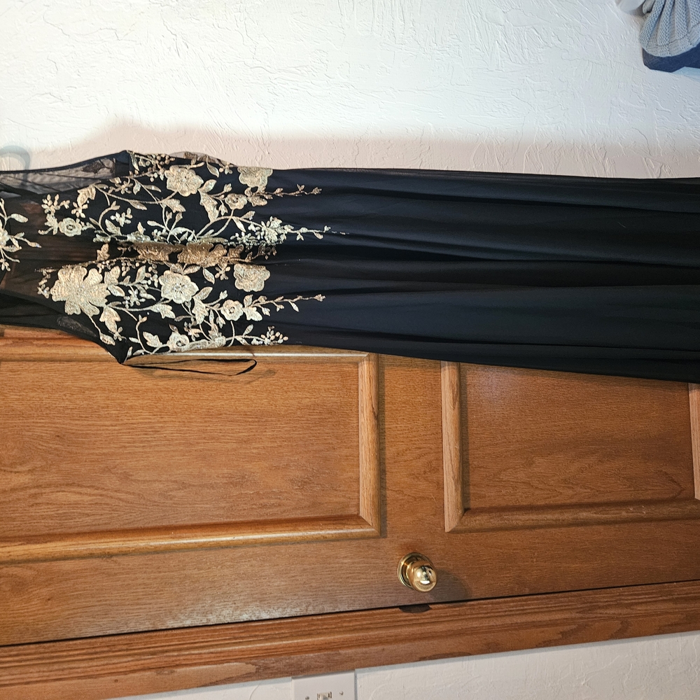 Cachet Black and Gold Floral Prom Dress